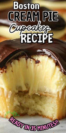 Boston Cream Pie Cupcakes Easy Boston Cream Pie Cupcakes, Boston Cream Cake Filling, Boston Cream Pie Mini Bundt Cakes, Boston Cream Dump Cake, Boston Cream Pie Cupcakes Recipe, Best Boston Cream Pie Recipe, Boston Crème Pie Cupcakes, Boston Themed Party Food, Boston Cream Cupcakes Easy