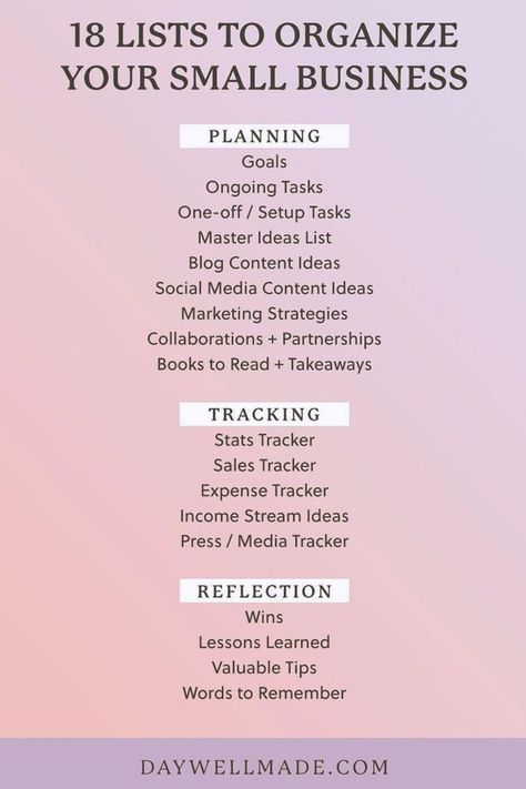 Ready to get organized in your small business this year? I've curated a collection of 18 lists you MUST start using to keep your business organized and have your most profitable year yet! Check out details on these and more small business advice over at daywellmade.com! Small Business Daily To Do List, Small Business To Do List, Small Business Goals Ideas, Small Business Journal Ideas, Tarot Business Plan, Small Business Essentials List, Small Business Necessities, How To Start Small Business Tips, Business Start Up