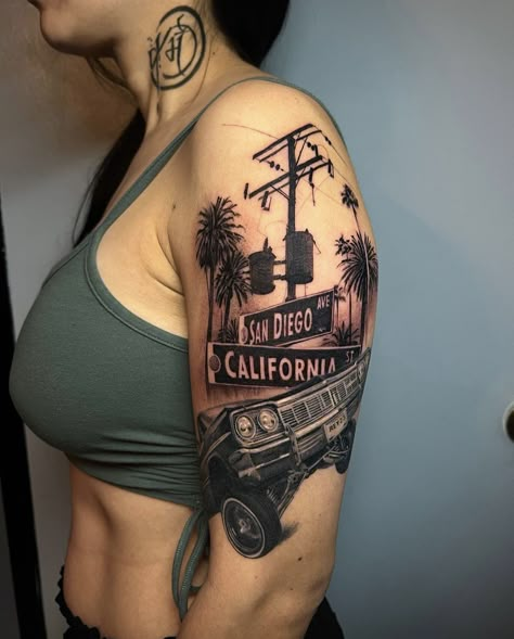 West Coast Tattoo Design, Downtown La Tattoo, Orange County Tattoo Ideas, El Camino Tattoo, San Diego Tattoo Ideas, Tattoo Ideas Chicano, West Coast Tattoo, San Diego Tattoo, Chicanas Tattoo