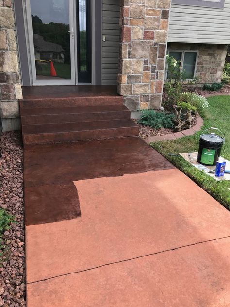 Change the Color of Stained Concrete | Direct Colors Stained Concrete Porch, Stained Concrete Driveway, Tinted Concrete, Diy Concrete Stain, Concrete Stain Colors, Concrete Stain Patio, Concrete Backyard, Paint Concrete Patio, Painted Concrete Steps