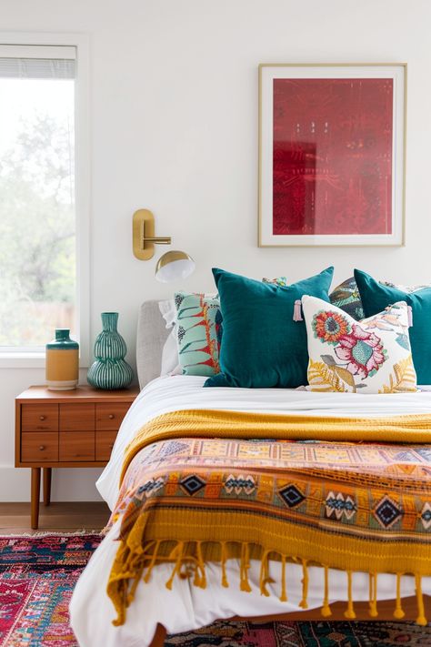 Bedroom Inspirations Master Cozy Colorful, Colorful Master Bed, Boho Midcentury Modern Bedroom, Colorful Mid Century Modern Bedroom, Colorful Guest Bedroom, Mid Century Eclectic Bedroom, Bright Bedroom Ideas, Modern Colorful Bedroom, Eclectic Bed