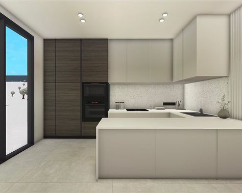 Modern Bloxburg Ideas Interior, Modern Kitchen Inspo Bloxburg, Modern House Kitchen Bloxburg, Realistic Modern Kitchen Bloxburg, Bloxburg Modern Apartment Layout, Bloxburg Modern House Kitchen, Bloxburg House Interior Modern, Bloxburg House Inspo Modern, Modern Kitchen In Bloxburg