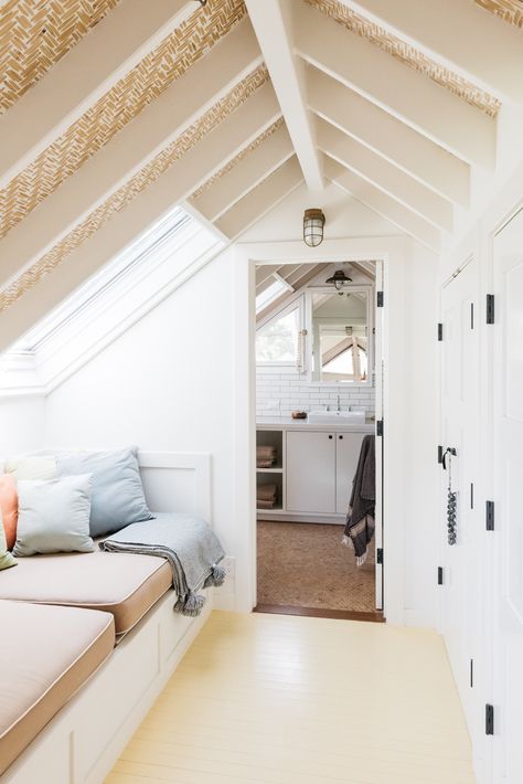 A closet and built-in reading nook make use of a narrow space under the eaves. Beach House Closet Ideas, House Closet Ideas, Stone Carriage House, Beach House Closet, Hawaiian Cottage, Coastal Minimalist Decor, Coastal Minimalist, House Closet, Bar Ceiling