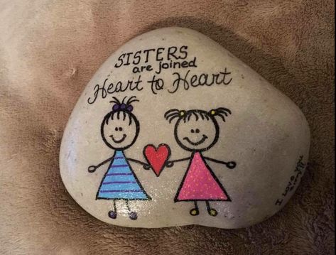 Rock painting ideas. Sisters Sister Rock Art, Stick Figure Rock Painting, Sisters Painted Rocks, Sister Painting Ideas Easy, Painted Rocks For Sisters, Sisters Rock Painting Ideas, Sister Painted Rocks, Best Friend Rock Painting Ideas, Brick Crafts