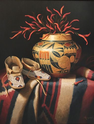 Still Lifes of Native American Artifacts by Sue Krzyston I Artsy Shark Native Pottery, Arts Stream, Western Paintings, Native American Artifacts, Native American Pottery, Santa Fe New Mexico, Southwest Art, Wildlife Artists, Native American Art