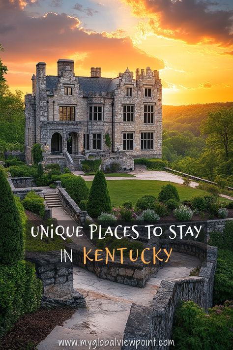 A grand stone mansion surrounded by lush greenery and bathed in the warm light of a sunset, one of the most unique places to stay in Kentucky. Kentucky Vacation, Spa Retreats, Unique Resorts, Weekend Getaways For Couples, Spa Getaways, Couples Weekend, Girlfriends Getaway, Cozy Cabins, Spa Retreat