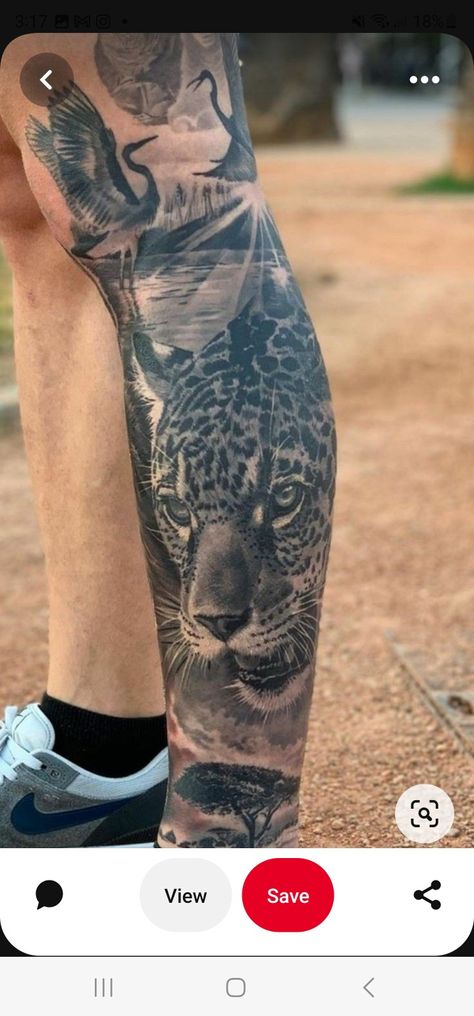 Safari Back Piece Tattoo, Animal Calf Tattoo Men, Animal Calf Tattoo, Safari Leg Tattoo, Safari Leg Sleeve Tattoo, Safari Leg Sleeve, Leopard Tattoo Men, Animal Leg Tattoos, Jaguar Chest Tattoo