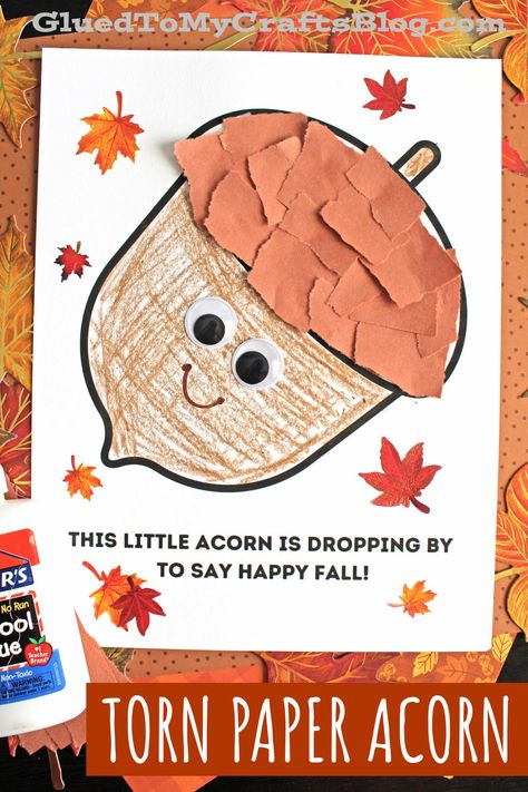 Create adorable torn paper acorns with your child. Download the free printable template and follow our easy step-by-step guide. Easy November Crafts For Preschool, Autumn Arts And Crafts For Toddlers, Fall Art For Toddlers November, November Daycare Crafts, Acorn Was A Little Wild Activities, Acorn Printable Template, Squirrel And Acorn Crafts Preschool, Acorn Toddler Craft, Trees Theme Preschool Activities