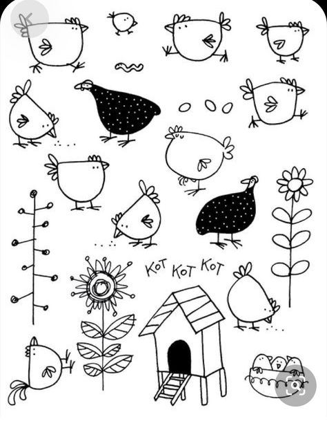 Doodle Chicken Drawing, Chicken Doodles Cute, Hen Doodle, Chicken Drawing Illustration, Fun Little Doodles, Chicken Drawing Cute, Chicken Doodles, Cute Animal Doodles, Cute Chicken Drawing