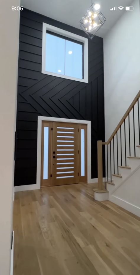 Tall Entry Way Ideas, 2 Story Accent Wall, Feature Wall Staircase, Stairwell Decor, Staircase Accent Wall, Modern House Design Interior, Staircase Wall Decor, Add A Room, Board Batten