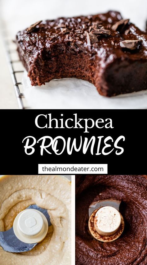 Rich and fudgy Chickpea Brownies with hidden healthy ingredients! These naturally vegan, egg free, and gluten free treats are easy to make and ready in 30 minutes. Chickpea Brownies Easy, Chocolate Covered Chickpeas, Vegan Chickpea Brownies, Chick Pea Brownies, Low Cal Healthy Desserts, Chickpea Brownies Healthy, Chickpea Dessert Recipes Healthy, Healthy Vegan Treats, Bean Snack Recipes