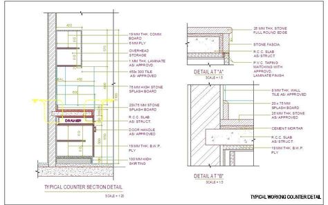 A typical stone counter top fixing detail to wall. Showing all required blow up details of fixing R.C.C. slab, Stone Facia, Splash Board, Wooden Drawer, Wooden Shutter, Skirting etc. Kitchen Facia Detail, Countertop Reveal Detail, Drawer Detail Drawing, Stone Construction Details, Wall Panel Detail Drawing, Kitchen Working Drawing Details, Stone Counter Edge Detail, Wood Cladding Details Drawing, Stone Skirting Detail