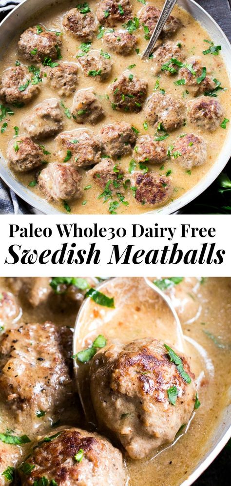 These Paleo Swedish meatballs in a creamy gravy, with dairy-free, Whole30 friendly mashed potatoes are pure comfort food for cold nights.  Made with real-food ingredients, gluten-free, dairy-free, family approved and the meatballs are made in one skillet! #whole30 #paleo #cleaneating Meatballs With Mashed Potatoes, Paleo Swedish Meatballs, Dairy Free Meatballs, Df Meals, Meatballs Paleo, Nutritional Yeast Recipes, Paleo Main Dishes, Whole30 Dinners, With Mashed Potatoes