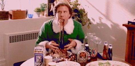 VIDEOS/GIFS - Eat What You Want Day! Elf Drinking Game, Elf Spaghetti, Eating Gif, Zach Galifianakis, Best Christmas Movies, Elf Movie, Will Ferrell, Buddy The Elf, Holiday Movie