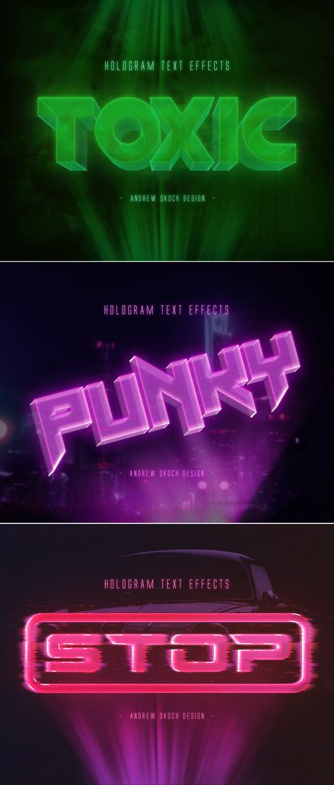 Hologram Text Effects Photoshop Actions Hologram Effect Photoshop, Hologram Graphic Design, Neon Graphic Design, Moodboard Portfolio, Text Effects Photoshop, Hologram Design, Hologram Effect, Neon Typography, Photoshop Text Effects