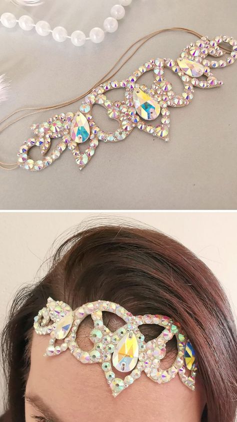 Beautiufl headpiece for belly dance performance! Great addition to any dance costume and hair style. Diy Dance Hair Piece, Dance Hair Piece, Diy Jewelry Videos, Dance Hair, Rhinestone Headpiece, Belly Dance Jewelry, Dance Hairstyles, Dance Jewelry, Belly Dance Costume