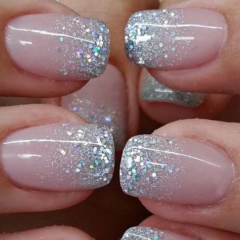 Silver Glitter Ombre Nails Acrylic, Silver Glitter Ombré Nails, Glitter Dip Nail Ideas, Glitter Fade Nails Ombre, Light Blue Glitter French Tip Nails, Reflective Glitter Nails French, Simple Jewel Nails, Hombre Nail Designs, Half Glitter Nails