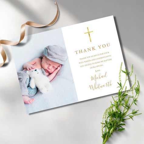 $2.54 | Elegant Photo Signature Script Baptism #elegant, gold script, baptism, christening, thank you, photo, religious, cross, christian, baby blessing Christening Thank You Cards, Baptism Thank You Cards, Photo Signature, Invitation Examples, Cross Christian, Baby Blessing, Custom Thank You Cards, Elegant Photo, Religious Cross