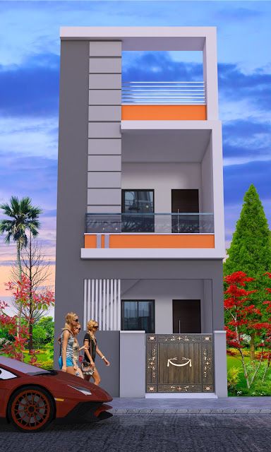 12X45 house with 3d elevation by nikshail Row House Design, Single Floor House Design, 3 Storey House Design, Narrow House Designs, 3d Elevation, House Outer Design, House Balcony Design, Small House Front Design, Small House Elevation