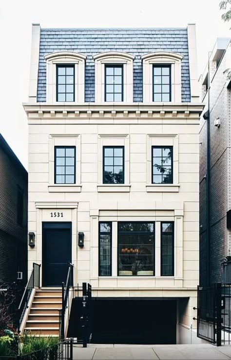 3 Storey House Exterior, 3 Story House Exterior, Townhouse Garage, American Townhouse, French Townhouse Floor Plan, Aesthetic Town House Exterior, Townhouse With Garage, London Townhouse With Garage, Townhouse Facade