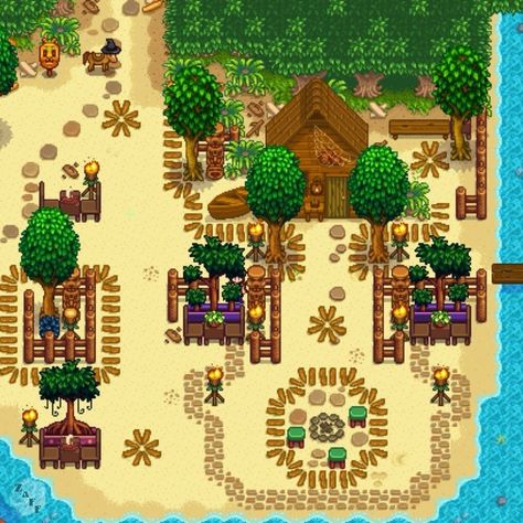 Bringing back Stardew Sunday!🌲🌱 The 1.6 update has made me bring this back!! Each Sunday I will share a post of my favourite farm design that I’ve come across in the week!🤎 For this week, I’ve chosen this wonderful beach area! I found this on Pinterest, uploaded by ZaffLuto🌊 I love how they’ve made a lil campfire seating area🥹 so cute!! If you have any screenshots of your own Stardew farm, please do send them over & I’ll include them in the weekly posts🥰 I’ve tagged some of my favourite... Stardew Valley Path Design, Stardew Valley Beach Decoration, Stardew Valley Farm Layout Beach Aesthetic, Stardew Valley Fishing Farm Layout, Tree Farm Stardew Valley, Stardew Valley Standard Farm Layout Ideas, Stardew Valley Beach Farm Design, Fish Pond Stardew Valley, Beach Stardew Valley