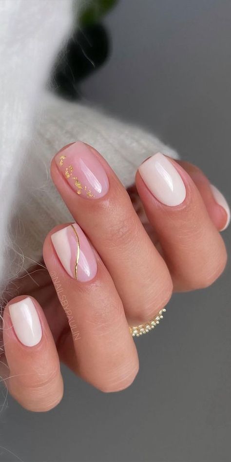 Pink Gold Nails Short, Easy Short Gel Nail Designs, Pink And Gold Manicure, Wedding Nails Short Square, New Years Natural Nails, Wedding Guest Manicure, White Pink Nails Design, Nail Designs White Short, Subtle Gel Nails