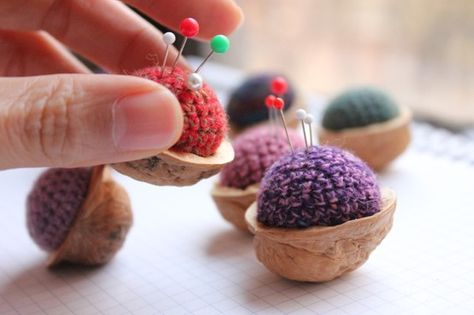 http://randomcreative.hubpages.com/hub/Uses-For-Walnut-Shells-Ground-Crushed-Crafts-for-Children Walnut Shell Crafts, Crochet Pincushion, Mollie Makes, Crocheted Items, Walnut Shell, Needle Book, Nature Crafts, Shell Crafts, Love Crochet