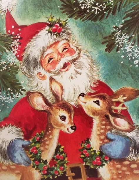 Vintage Christmas Santa With Riendeer Holiday Card Images Noêl Vintages, Vintage Christmas Images, Funny Christmas Cards, Old Fashioned Christmas, Holiday Postcards, Christmas Scenes, Baby Deer, Vintage Christmas Cards, Christmas Paintings