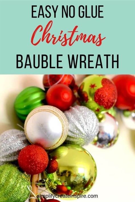 "The easiest DIY bauble wreath - no glue needed! Plus plenty of inspiration of gorgeous DIY Christmas wreaths you can make at home. Make your own Christmas decorations with these simple wreath tutorials at home. DIY ball wreath with a hoop is the perfect way to make a massive Christmas wreath without spending a fortune! " Diy Ball Wreath, Christmas Balls Wreath Diy, Glass Ball Wreath, Ornament Wreath Diy, Diy Wreath Ideas, Christmas Wreath Tutorial, Bauble Wreath, Letter Wreath, Simple Wreath