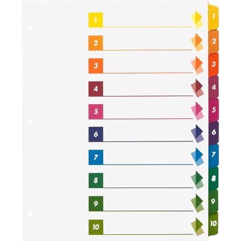 Business Source Color-coded Table of Contents/Tabs Index Dividers - Printed Tab(s) - Digit - 1-10 - 10 Tab(s)/Set - 3 Hole Punched - Multicolor Divider - Multicolor Mylar Tab(s) - 24 / Box Make organization quick and easy using a colorful Table of Contents page that coordinates with included dividers that have numbered tabs. Key in or type section titles and then print or copy onto the Table of Contents page preprinted with numbers that match the dividers. Edges and brightly colored tabs feature Contents Page, Three Hole Punch, Page Dividers, Table Of Contents Page, Divider Tabs, Index Dividers, Content Page, Table Of Contents, Colorful Table