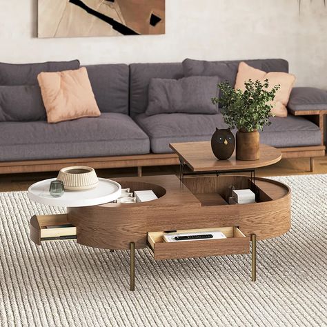 Hernest | Oval Lift Top Wood Coffee Table with Storage and 360° Rotating Leakproof Tray, Multi Coffee Table, Multi Function Coffee Table, Living Room Small Coffee Table, Rotating Coffee Table, Transformable Furniture, Wood Coffee Table With Storage, Narrow Coffee Table, Space Saving Apartment, Coffee Table Small Space