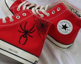 Spiderweb Converse, Spiderman Converse, Embroidered Shoes Converse, Embroidery Sneakers, Customised Vans, Converse Design, Galaxy Converse, Embroidered Sneakers, Chuck Taylor Shoes