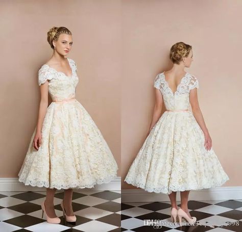 1950'S Tea Length Vintage Wedding Dresses V Neck Short Sleeve Light Champagne Bridal Gowns Custom Made Short Reception Dress Grecian Style Wedding Dresses Lace Wedding Dresses Vintage From H6118q7118y9998, $92.87| Dhgate.Com Short Reception Dress, 50s Style Wedding Dress, Tea Length Wedding Dresses Lace, Short Sleeve Bridal Gown, Reception Dress Short, Retro Wedding Dresses, Short Bridal Dress, 50s Wedding, Short Lace Wedding Dress