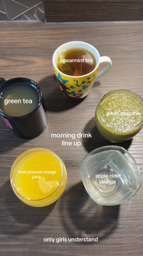 Morning Drinks Aesthetic, Morning Drink Lineup, Morning Juices Healthy, Drinks For Colds Remedies, Tea Schedule, Healthy Drinks Aesthetic, Gut Foods, Healthy Drink Recipes, Healthy Morning Drinks