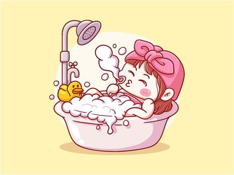 Cute and kawaii girl take a shower bath ... | Premium Vector #Freepik #vector #girl #cartoon #doodle #bubble Cute Bathtub Drawing, Taking Bath Drawing, Taking A Shower Drawing, Shower Drawing Illustration, Showering Drawing, Bubble Bath Illustration, Bathing Illustration, Shower Anime, Shower Drawing