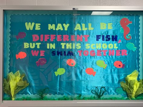 Inspirational quote school bulletin board idea. Fish Tank Bulletin Board Ideas, Fish Bulletin Board Ideas, Fish Bulletin Boards, Ocean Bulletin Board, Inspirational Bulletin Boards, Different Fish, Fishing Quotes, School Quotes, School Bulletin Boards