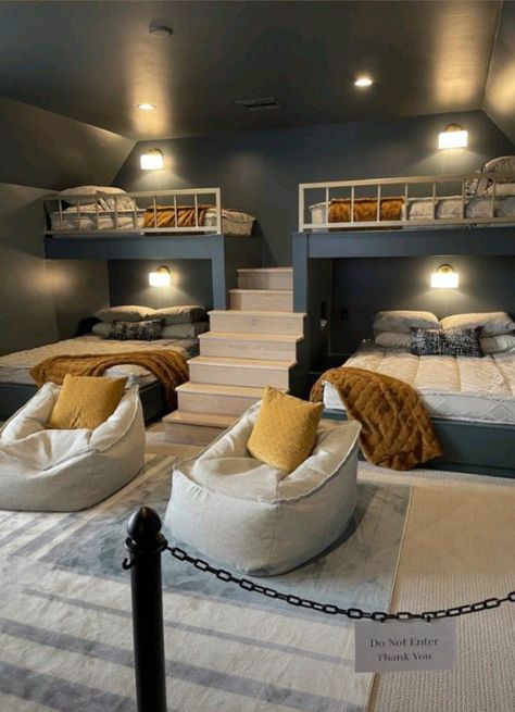 Bunk Bed Movie Room, Bunk Bed Playroom, Bunk Room Playroom, Kid Bedroom Aesthetic, Three Boys Bedroom, Bunk Rooms Built In, Loft Bunk Bed Ideas, Diy Built In Bunk Beds, Boy Bedroom Design For Kids