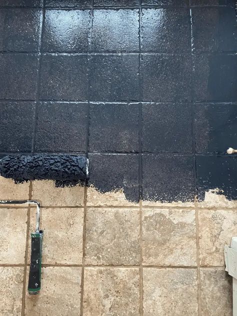 Black Painted Tile Floor, Rustoleum Floor Paint, Can You Paint Tile, Painted Kitchen Floors, Painting Ceramic Tile Floor, Painting Tile Backsplash, Painting Over Tiles, Black Tiles Kitchen, Bathroom Backsplash Ideas