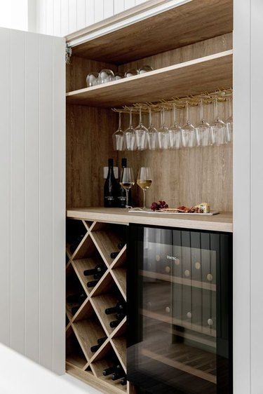 Bar Cabinet Farmhouse, Wine In Kitchen Ideas, Wine Pantry Ideas, Bar Design In Home, Kitchen Bar Fridge, Kitchen With Wine Bar, Oak Bar Cabinet, Bar Pantry Design, Wine Cabinet Ideas Built Ins Kitchen