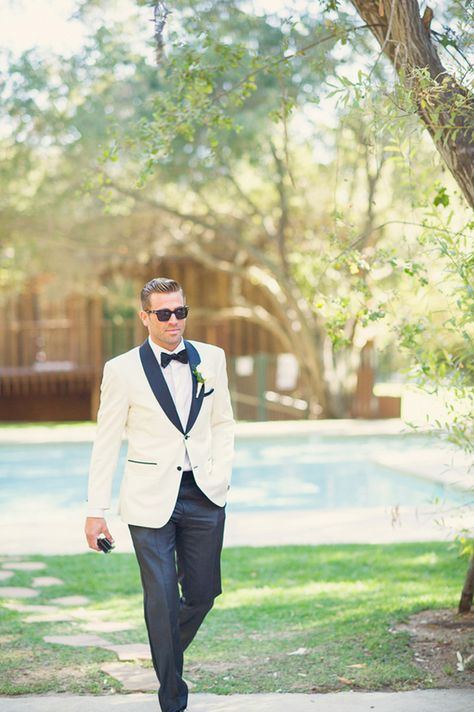 in love with the groom's white tux with dark trim and pants - great look! ~  we ❤ this! moncheribridals.com Dinner Jacket Wedding, White Tuxedo Wedding, Navy Tuxedos, White Tux, Groom Tux, Wedding Tux, Groom Wedding Attire, Wedding Suits Groom, Groom Tuxedo