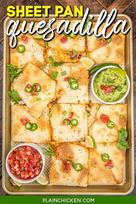 Sheet Pan Quesadilla Recipe - giant quesadilla stuffed with chicken, black beans, Rotel, sour cream, taco seasoning, Rotel tomatoes, lime juice, and lots of gooey cheese! This is easy to make and full of great flavor. This is the perfect party food to feed a crowd and a delicious weeknight dinner the whole family will enjoy! Madeleine, Guacamole Recipe With Rotel, Baked Quesadilla Oven, Sheet Pan Quesadillas Chicken, Chicken Sheet Pan Quesadilla, Xmas Desserts Recipes, Sheet Pan Quesadilla, Pan Quesadilla, Sheet Pan Quesadillas