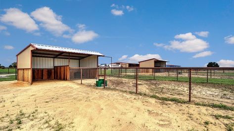 Run In Shed For Horses Diy, Small Horse Run In Shed, Run In Shelter For Horses, Horse Turn Out Pens, Horse Farm Layout, Horse Pens, Covered Riding Arena With Stalls, Horse Shed, Small Horse Barns