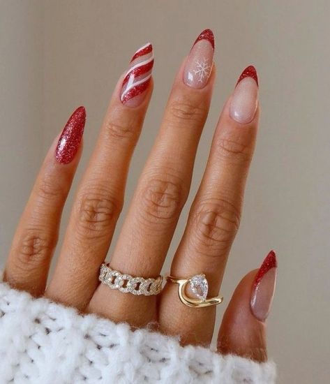 Christmas Nail Design Almond Shape, Christmas Nail Sets Almond, Christmas Nail Inspo 2024, Christmas Acrylics Almond, Christmas Red And White Nails, Almond Nail Christmas Designs, Funky Christmas Nails Acrylic, Christmas Nails Round Shape, Almond Shape Nails Christmas