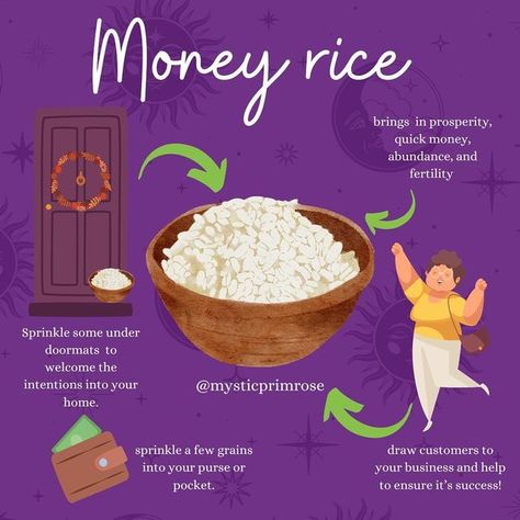 LILLY STATHAM | Witchcraft & IG COACH 💜 on Instagram: "Money & prosperity rice is designed to help bring good luck into your home whilst drawing in money, wealth, prosperity, and abundance. ✨💜 #moneyrice #witchcraft 👉🏻 available from mysticprimrose.com" Money Rice, Instagram Money, Prosperity Spell, Magickal Herbs, Witch Herbs, Jar Spells, Spell Jars, Witch Quotes, Bring Good Luck