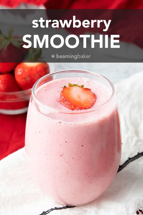 This simple and delicious strawberry smoothie is made with oat milk, soy or almond milk for a refreshing fruit-filled blended treat! | Recipe at beamingbaker.com Frozen Strawberry Smoothie, Soy Milk Smoothie, Oat Milk Smoothie, Soy Milk Recipes, Delicious Strawberry Smoothie, Milk Smoothie Recipes, Almond Milk Smoothie Recipes, Strawberry Almond Milk, Oats Smoothie Recipes