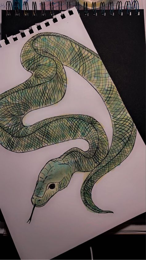 Snake Tail Drawing, Green Snake Drawing, Watercolour Pencil Art, Snake Doodle, Green Sketchbook, Drawing Snake, Hippie Drawing, Snake Green, Snake Tail