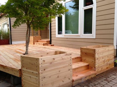 Wood Deck With Planter Boxes, Built In Deck Planter Boxes, Planter Deck Railing, Garden Box On Deck, Deck Planter Box Ideas, Deck With Flower Boxes, Deck Planter Boxes Railings, Deck Garden Boxes, Deck With Planter Boxes Built Ins