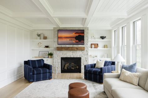 (8) Facebook Coffered Ceiling Ideas Living Room, Stone Fireplace With Tv, Ceiling Ideas Living Room, 9 Ft Ceilings, Transitional Living Room Design, Transitional Living Room, Fireplace Built Ins, Transitional Living, Transitional Living Rooms