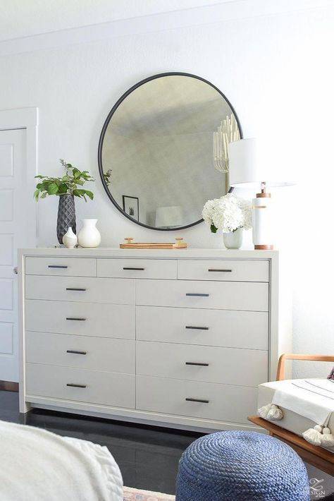 One Room Challenge – Master Bedroom Reveal #apartmentbedroomdecor Bedroom Reveal, White Dresser, One Room Challenge, Bedroom Dresser, Room Challenge, Dresser Decor, Bedroom Dressers, Design Living Room, Round Decor