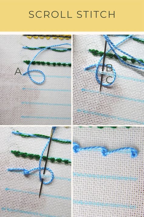 8 Decorative Embroidery Border Stitches Everyone Should Learn - Crewel Ghoul Threaded Running Stitch, Embroidery Space Filler, Hand Embroidery Stitches Step By Step, Embroidery Border Stitches, Scroll Stitch, Embroidery 101, Basic Hand Embroidery Stitches, Embroidery Border, Decorative Embroidery